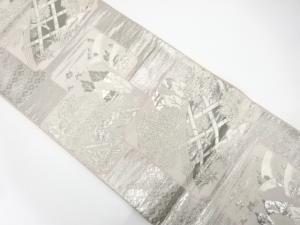 アンティーク　プラチナ箔　光悦垣に樹木・楓模様織り出し袋帯（材料）